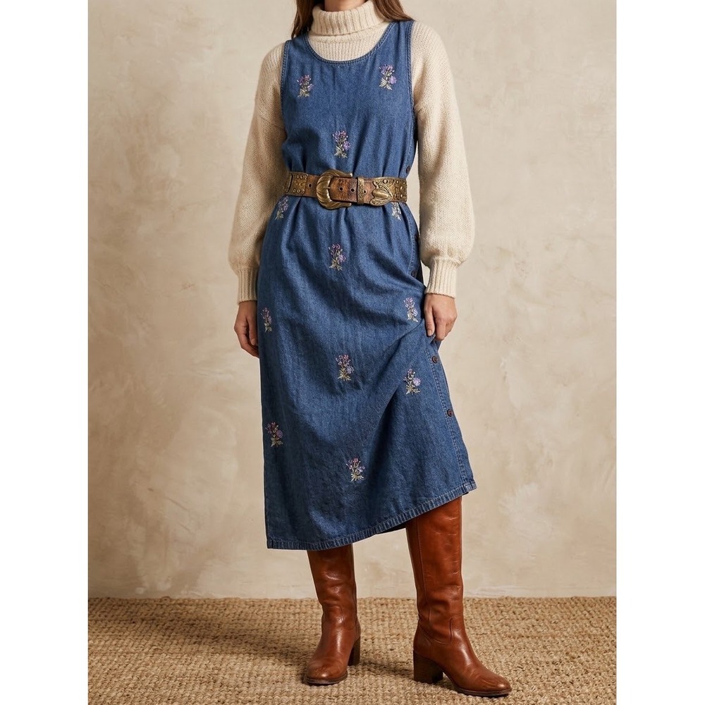 Vintage 90s Dressbarn Denim Jumper Dress M Blue Floral Embroidered Maxi Midi